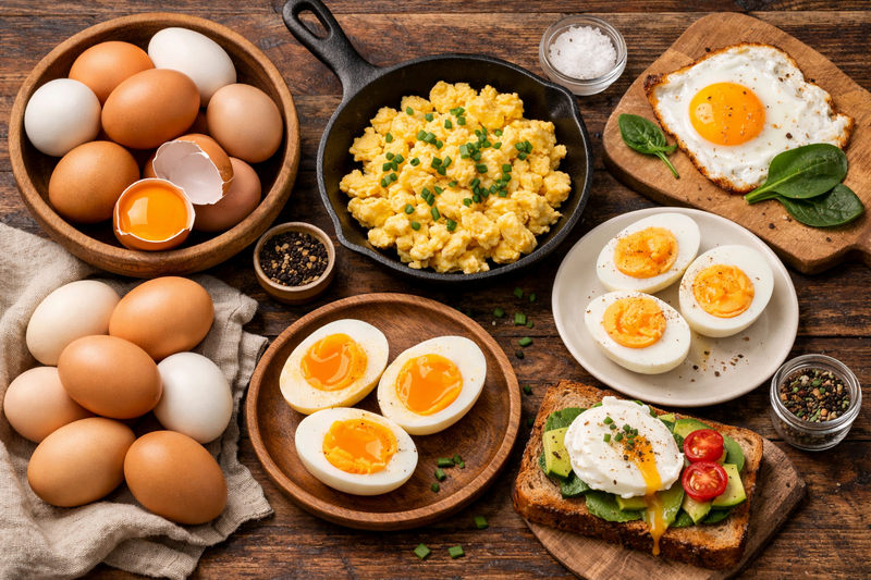 Ovos preparados de diferentes formas como cozido, mexido e frito mostrando alimento rico em proteína que aumenta a saciedade