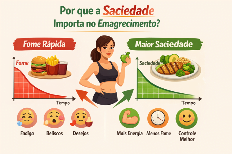 Infográfico mostrando por que a saciedade importa no emagrecimento, comparando fome rápida com maior saciedade ao longo do tempo