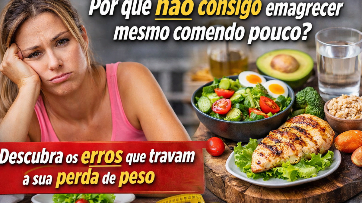 Por que não consigo emagrecer mesmo comendo pouco mostrando mulher frustrada e alimentação saudável