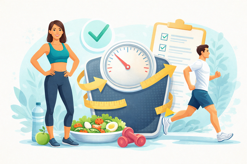 Ilustração de emagrecimento com mulher em roupa esportiva ao lado de balança grande, salada, maçã, halteres, garrafa de água, checklist e homem correndo.