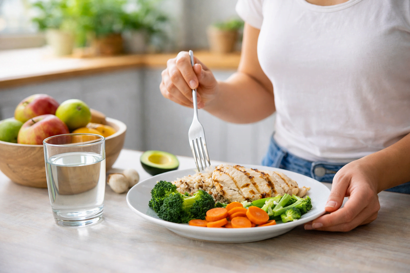 Pessoa preparando uma refeição equilibrada em cozinha clara, com prato saudável, água e alimentos naturais sobre a bancada.
