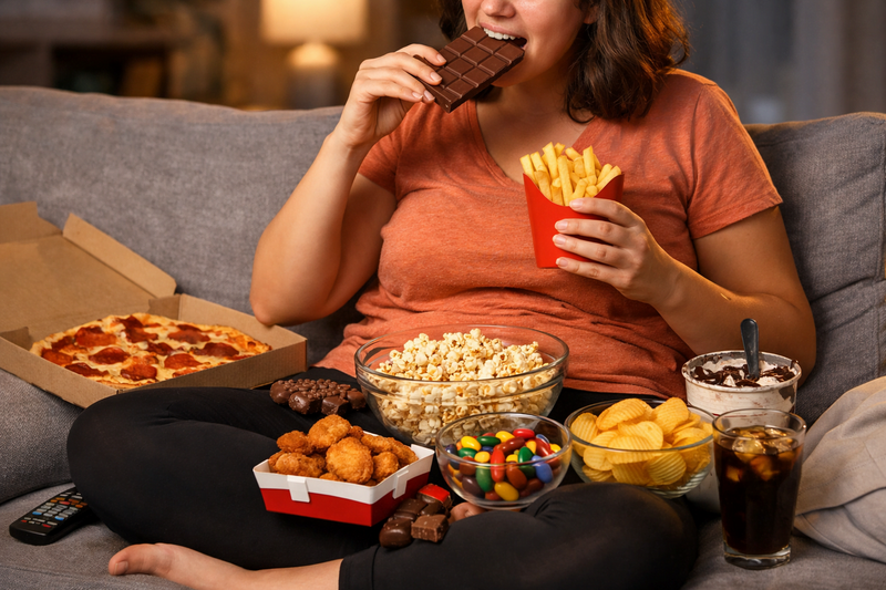 Mulher sentada no sofá cercada por pizza, batata frita, pipoca, doces e refrigerante, comendo chocolate em ambiente doméstico.