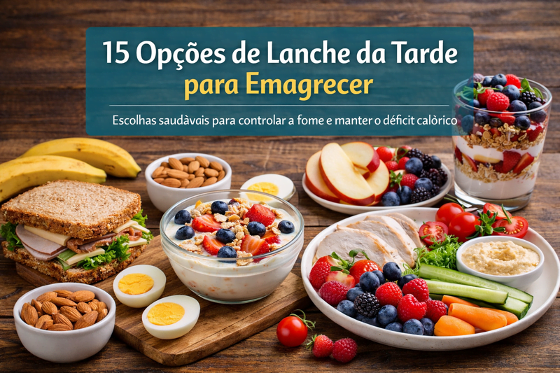 Opções saudáveis de lanche da tarde com ovos, frutas, iogurte, sanduíche natural e castanhas para controlar a fome