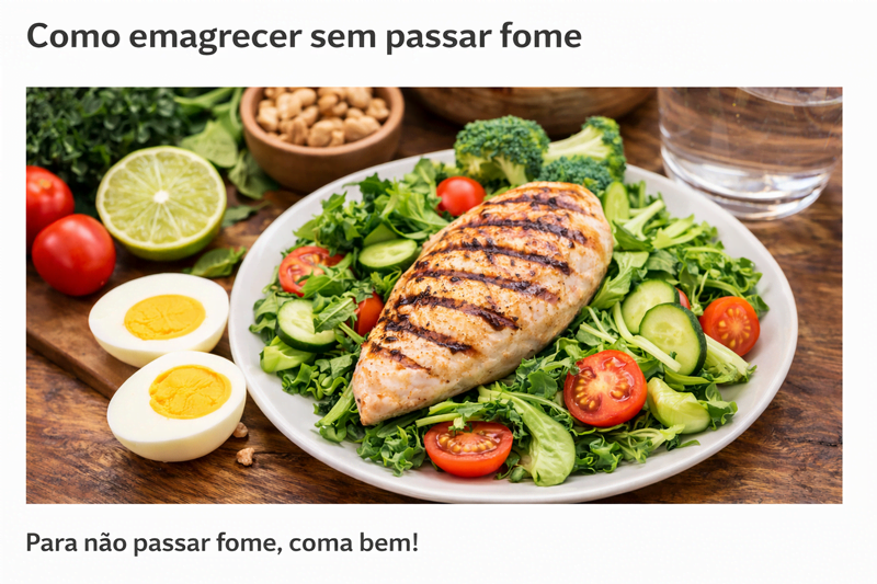 Prato saudável com frango grelhado, legumes e ovos representando alimentação para emagrecer sem passar fome