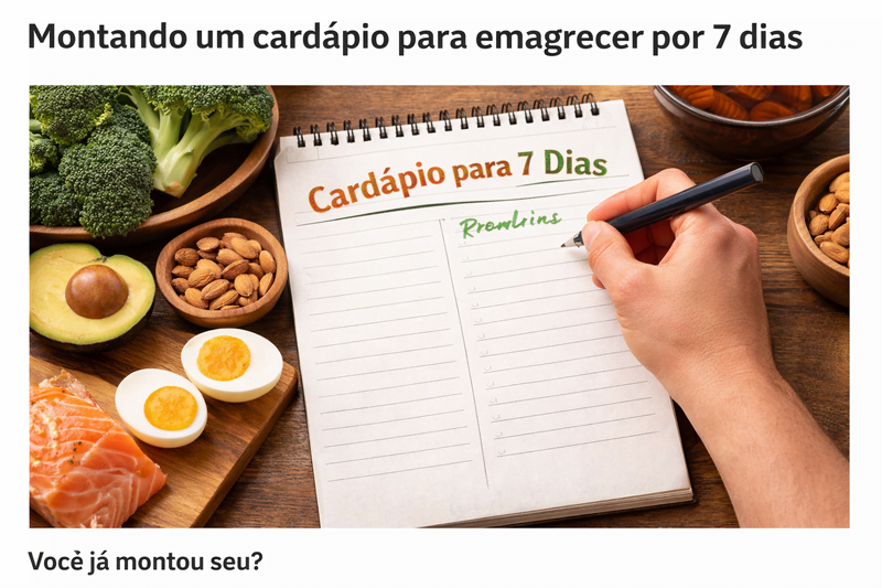 Pessoa montando um cardápio para emagrecer por 7 dias em um caderno, ao lado de alimentos saudáveis como ovos, salmão, abacate e brócolis