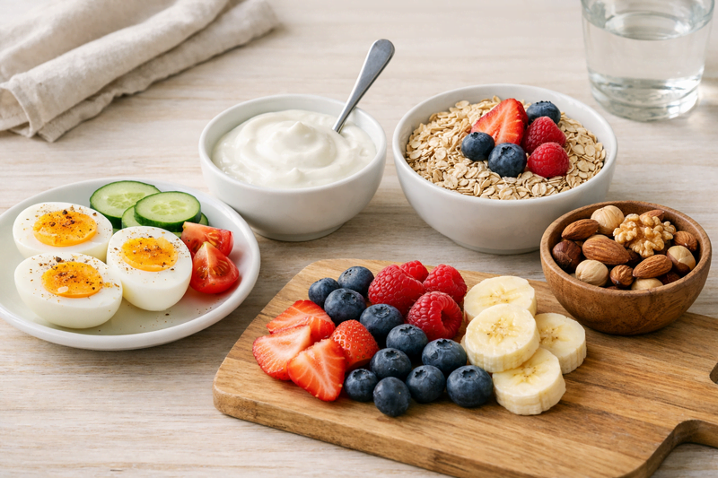Lanche saudável com ovos, frutas, iogurte e aveia ajudando no controle alimentar e no déficit calórico