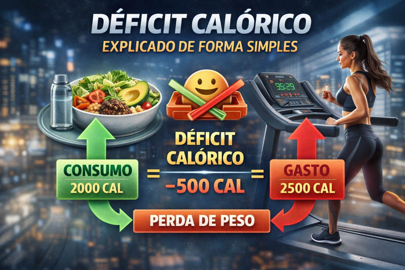 ilustração fotorrealista explicando déficit calórico de forma simples com alimentação equilibrada e controle de calorias