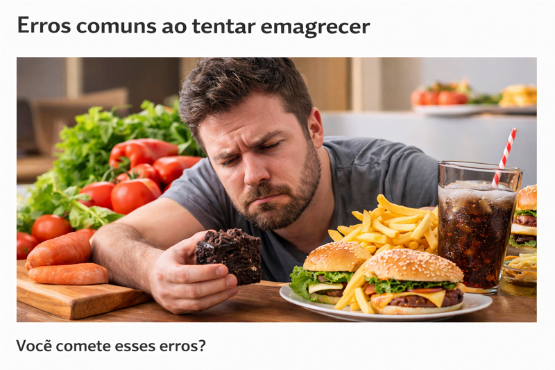 Homem frustrado comendo alimentos não saudáveis como hambúrguer, batata frita e refrigerante, representando erros ao tentar emagrecer