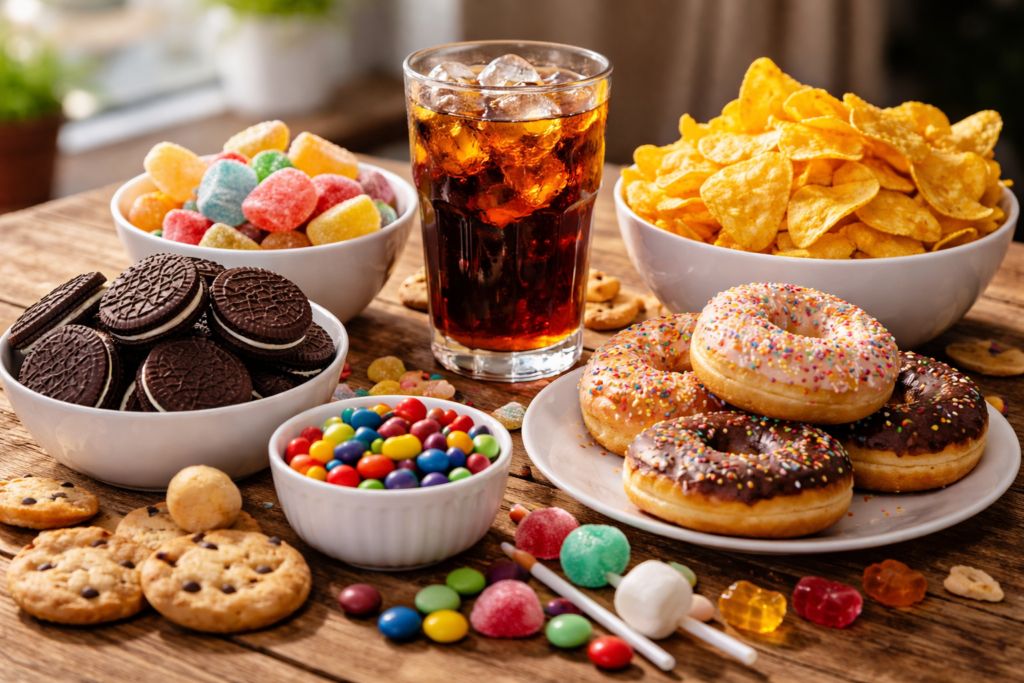 Biscoitos, doces e refrigerante representando erros no lanche da tarde que atrapalham o emagrecimento