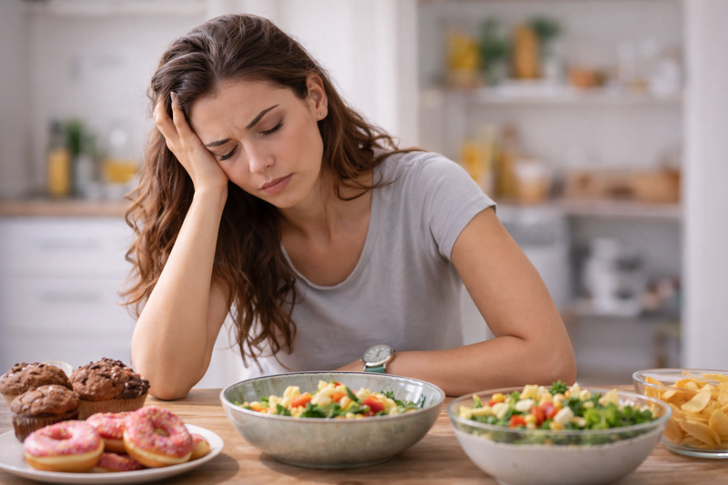 Pessoa desmotivada diante de escolhas alimentares erradas no plano de emagrecimento simples para começar hoje