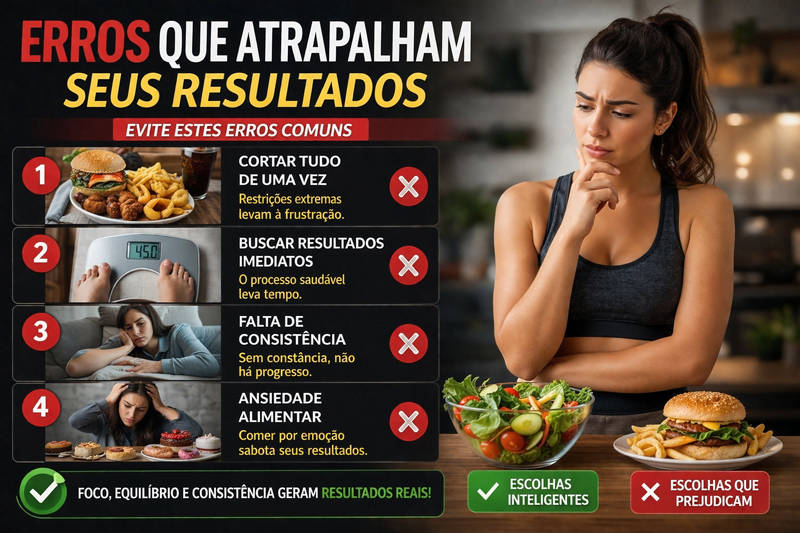 mulher analisando erros comuns na perda de peso com comparação entre escolhas saudáveis e hábitos que prejudicam os resultados