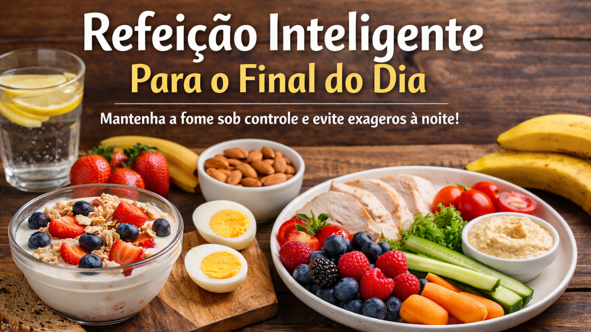 Refeição saudável com iogurte, frutas, ovos, frango e vegetais para ilustrar opções de lanche da tarde para emagrecer