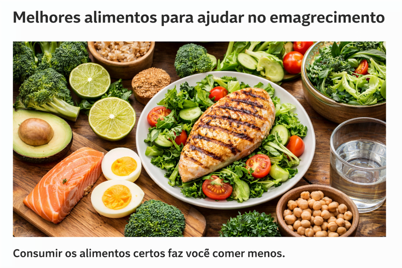 Alimentos saudáveis como frango grelhado, ovos, salmão, abacate, legumes e grão-de-bico ideais para um cardápio para emagrecer por 7 dias