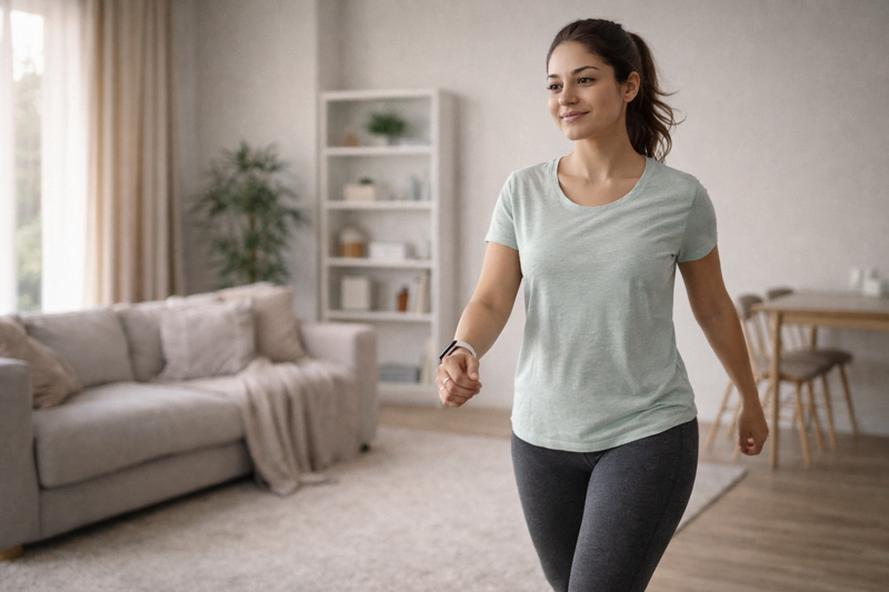 Pessoa caminhando dentro de casa iniciando rotina de exercícios leves para emagrecimento