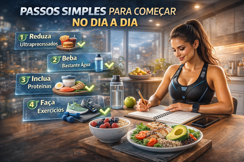 mulher organizando rotina saudável com alimentação equilibrada e hábitos simples para perder peso no dia a dia
