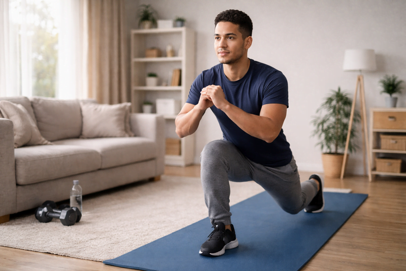Pessoa fazendo exercício simples em casa iniciando rotina de treino para emagrecimento