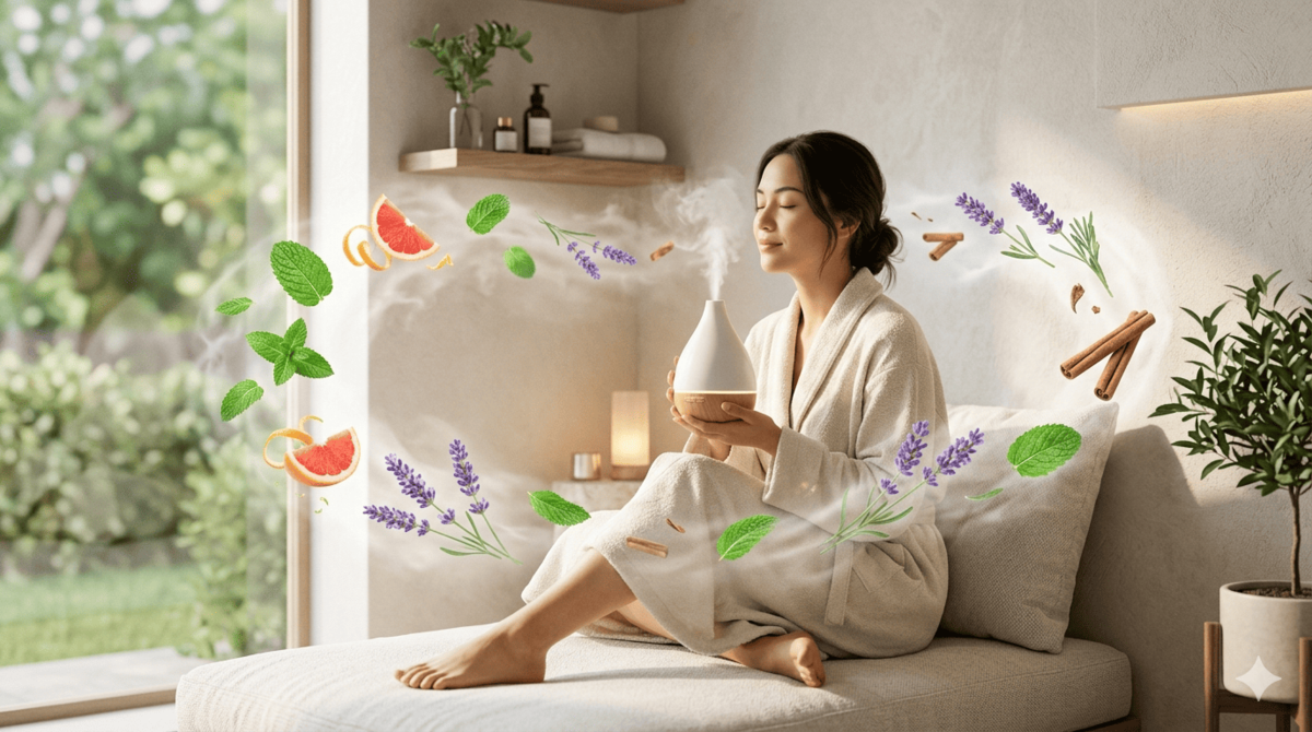 Mulher relaxada inalando aroma de difusor rodeada por elementos botanicais naturais
