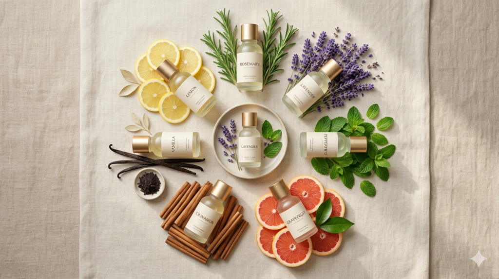 Sete frascos de óleos essenciais com seus ingredientes naturais correspondentes (menta, grapefruit, lavanda, canela, limão, alecrim, baunilha)