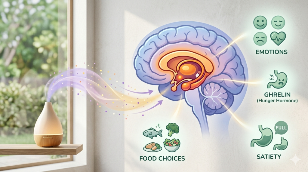 Ilustração do cérebro mostrando como aromas afetam o sistema límbico e controle do apetite
