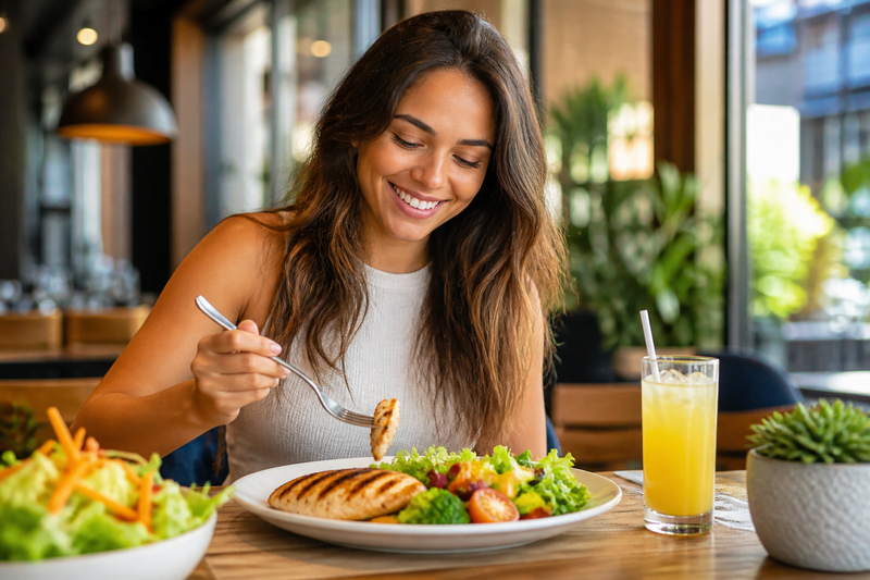 prato consciente com salada proteína e carboidrato para emagrecer fora de casa