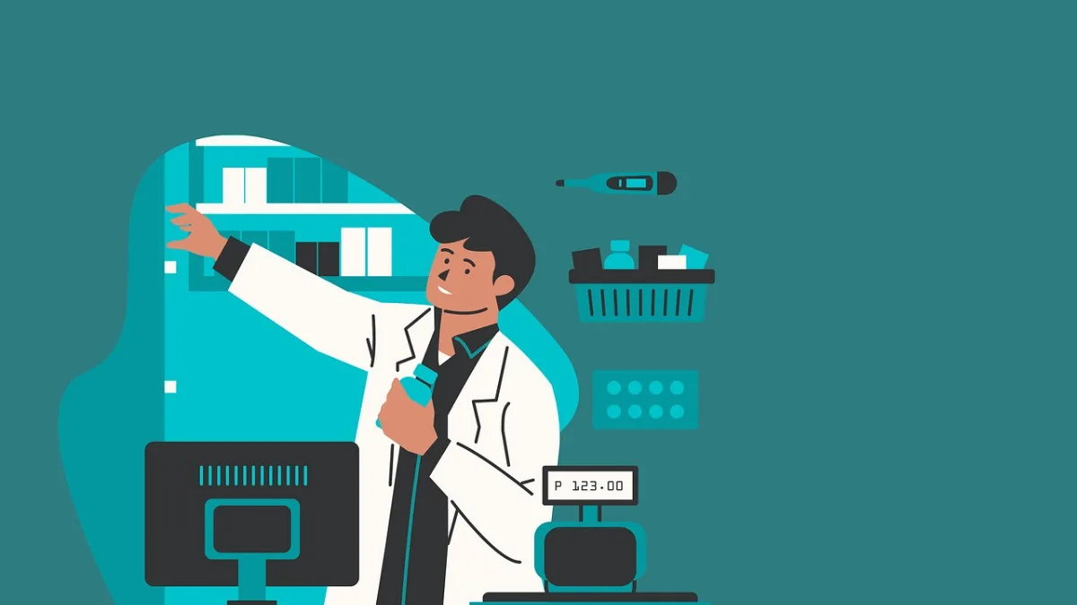 Ilustração de farmacêutico no caixa mostrando o preço de um medicamento