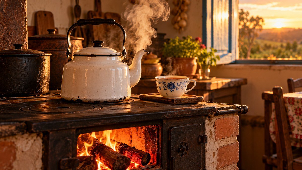Bule esmaltado soltando vapor sobre fogão a lenha em uma cozinha rural, com xícara de chá ao lado