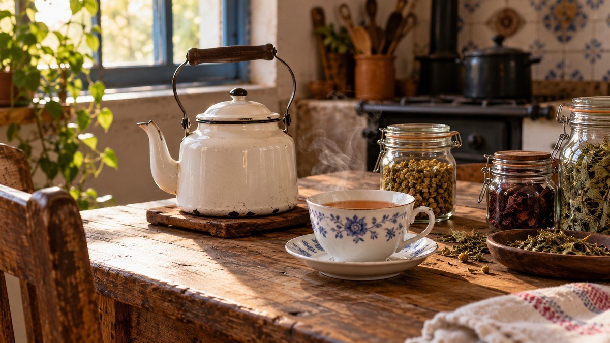 Mesa de madeira rústica com bule esmaltado e xícara de chá fumegante, ao lado de potes de vidro com ervas secas