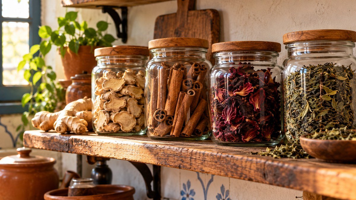 Potes de vidro com gengibre seco, canela em pau, flores de hibisco e folhas de chá verde, ingredientes de chá para emagrecer