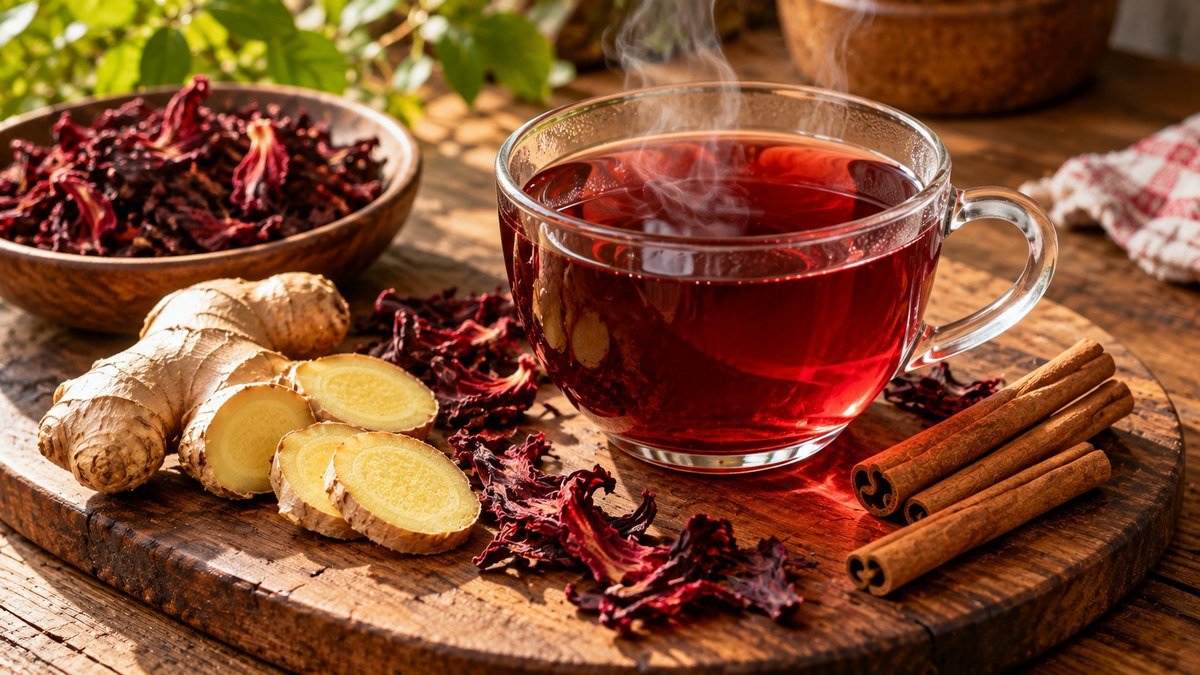 Xícara de vidro com chá vermelho de hibisco, fatias de gengibre e paus de canela, exemplo de chá para emagrecer
